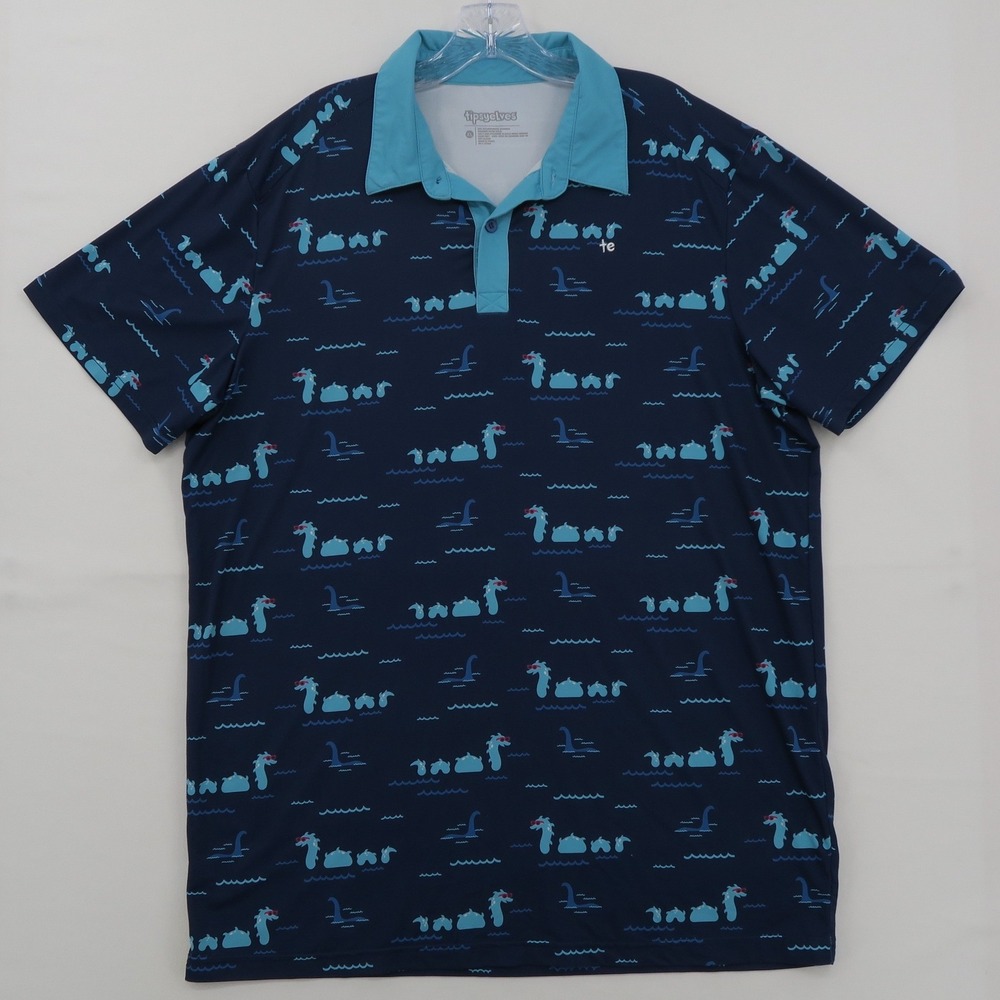 Tipsy Elves Mens XL Loch Ness Monster Polo Shirt Navy Nessie Golf Performance